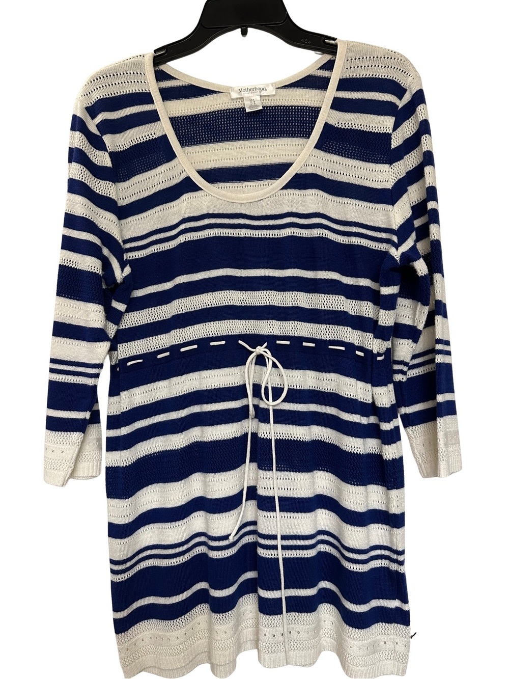 Motherhood Maternity Striped Pointelle Sweater Tunic Navy White Sz L Drawstring